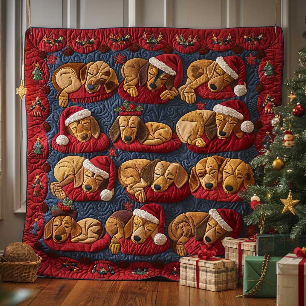 Christmas Dachshund Silent Night Quilt Blanket