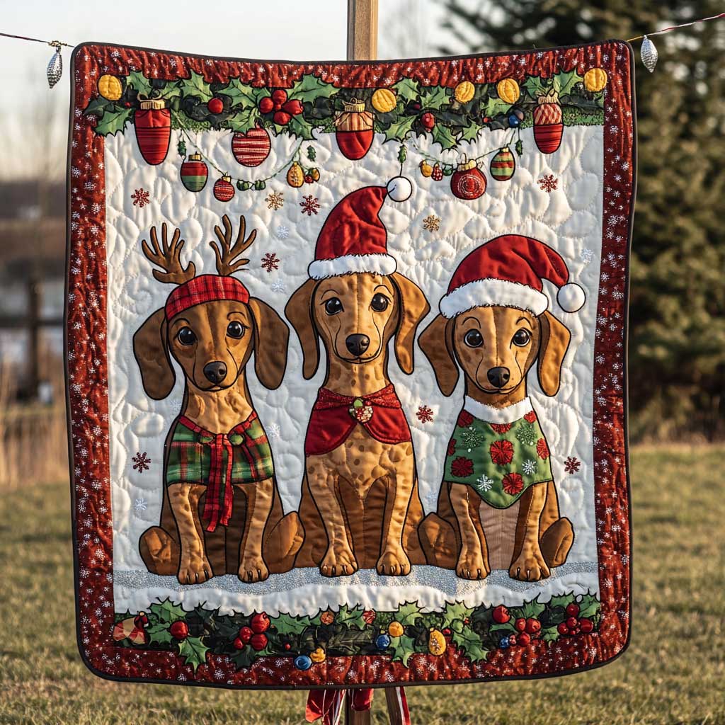 Dachshund Reindeer Squad Quilt Blanket