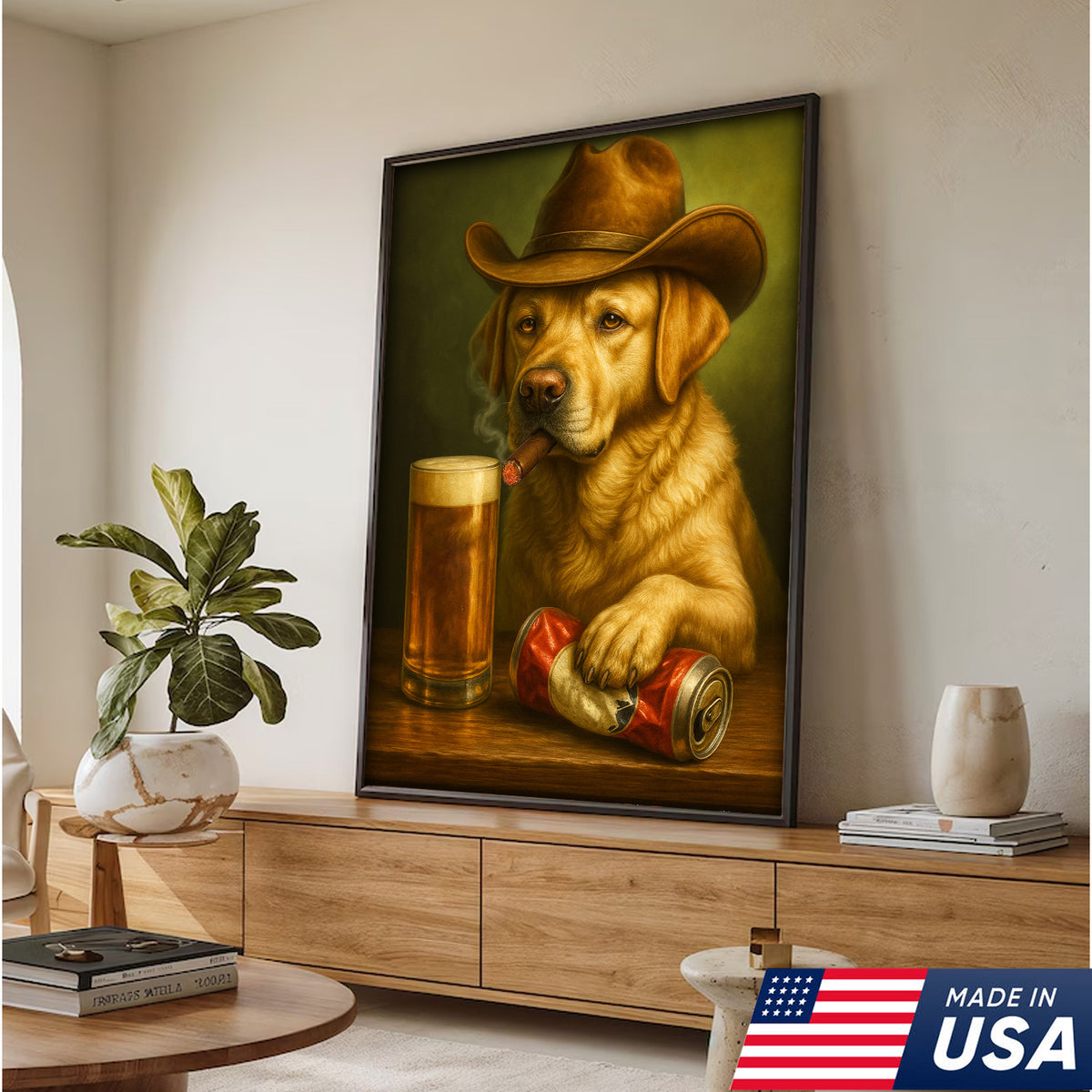 Funny Cowboy Dog Wall Art – Funny Beer & Smoking Canvas For Hunters, Bar & Man Cave Decor