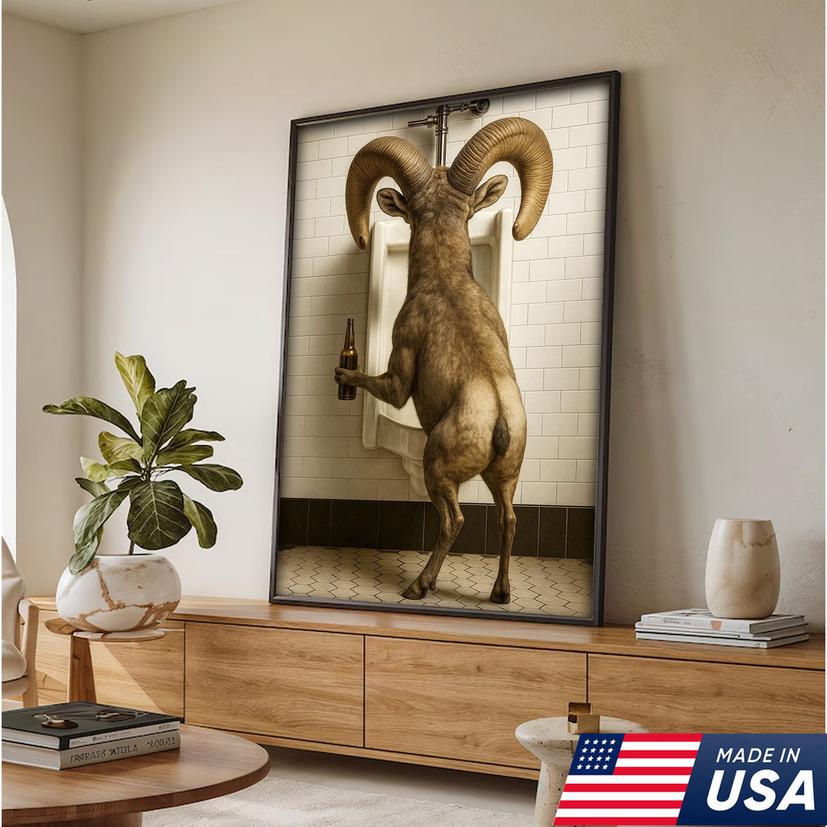 Humorous Big Horn Sheep Canvas Wall Art - Rustic Lodge Bathroom Decor for Cabin and Farmhouse