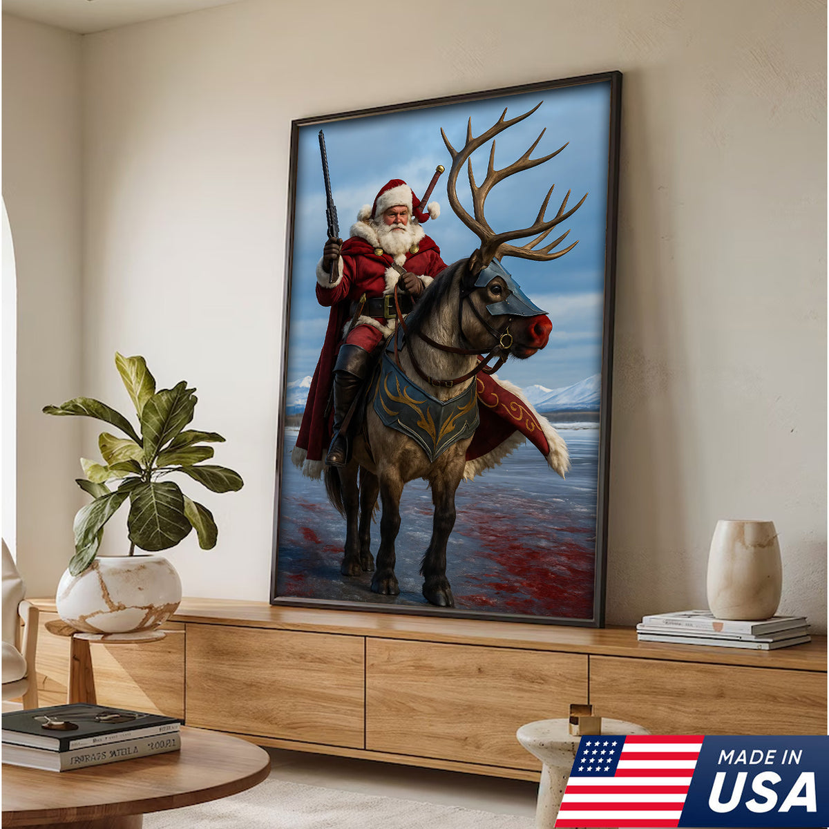 Epic Santa Riding Reindeer Canvas Wall Art, Fantasy Warrior Santa on Armored Reindeer