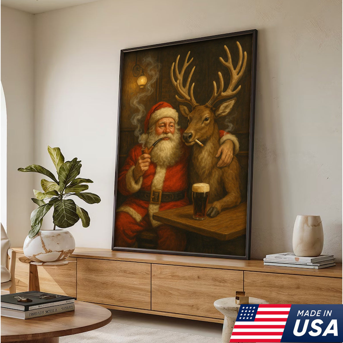 Funny Santa and Reindeer Wall Art Canvas – Rustic Christmas Lodge Decor