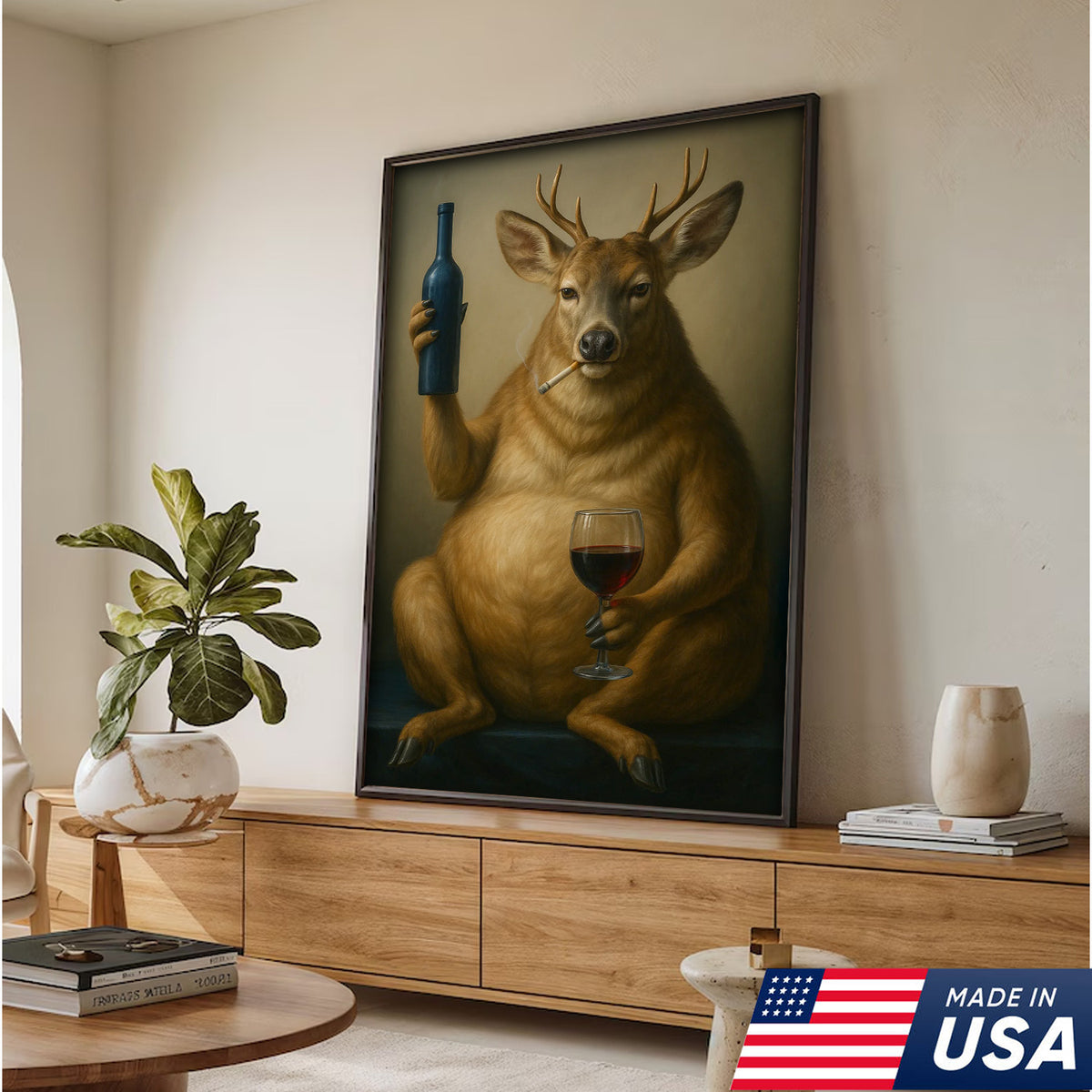 Funny Deer Wall Art Canvas – Fat Buck with Wine Glass Rustic Lodge Decor