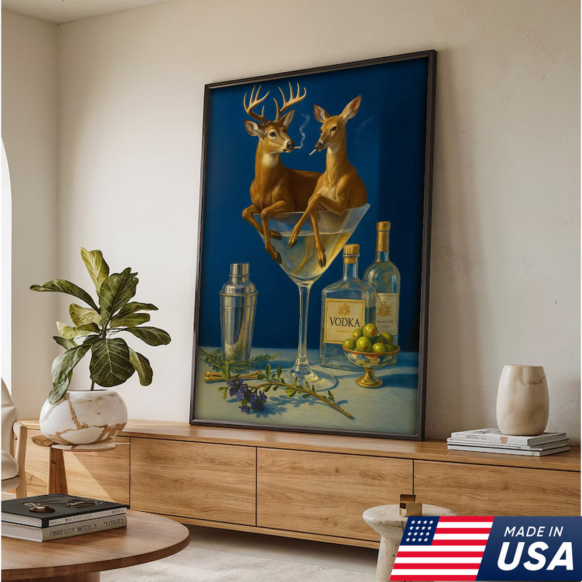 Funny Deer Couple Wall Art Canvas – Whimsical Buck and Doe in Martini Glass