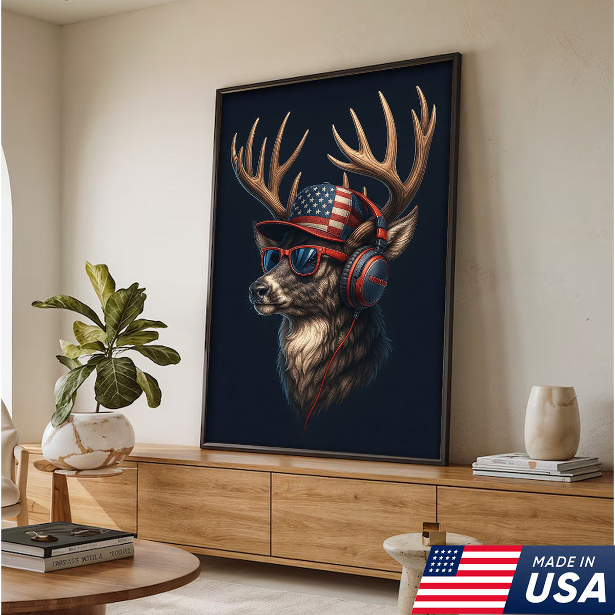 Patriotic Deer Wall Art Canvas – Cool Buck with American Flag Hat and Headphones