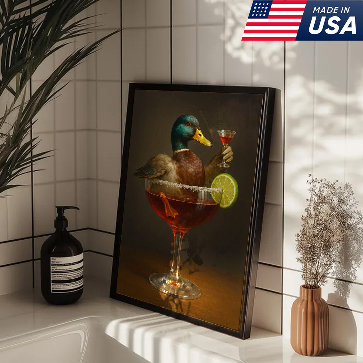Funny Mallard Duck Canvas Wall Art - Quirky Animal in Cocktail Glass Design