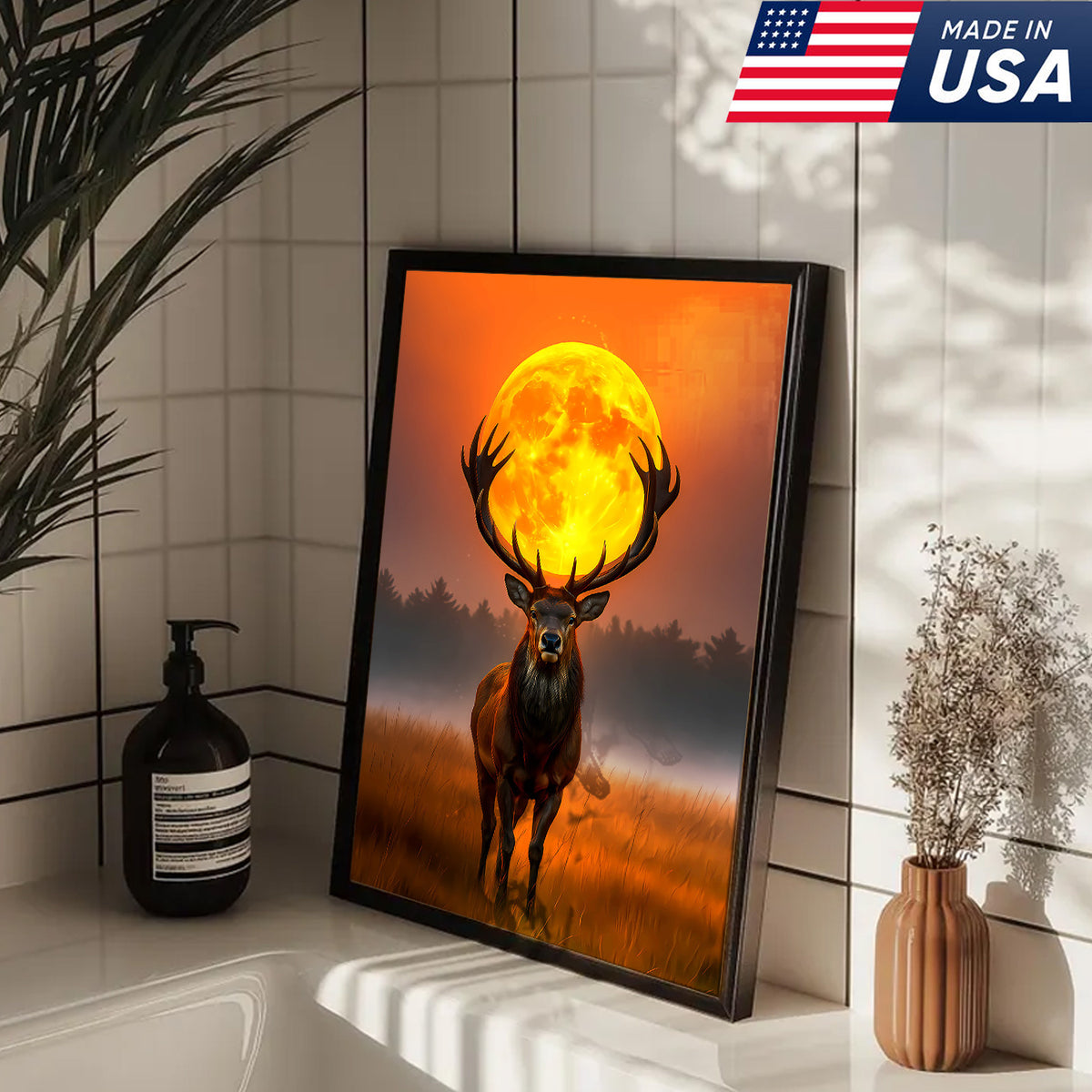 Majestic Elk Full Moon Canvas Wall Art – Hunting Cabin Decor Gift for Hunters