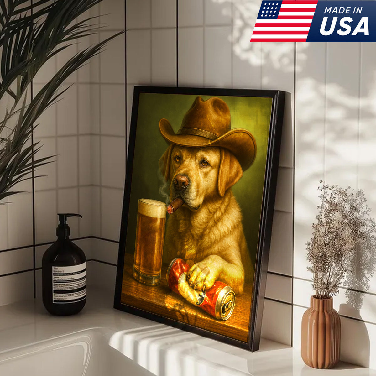 Funny Cowboy Dog Wall Art – Funny Beer & Smoking Canvas For Hunters, Bar & Man Cave Decor