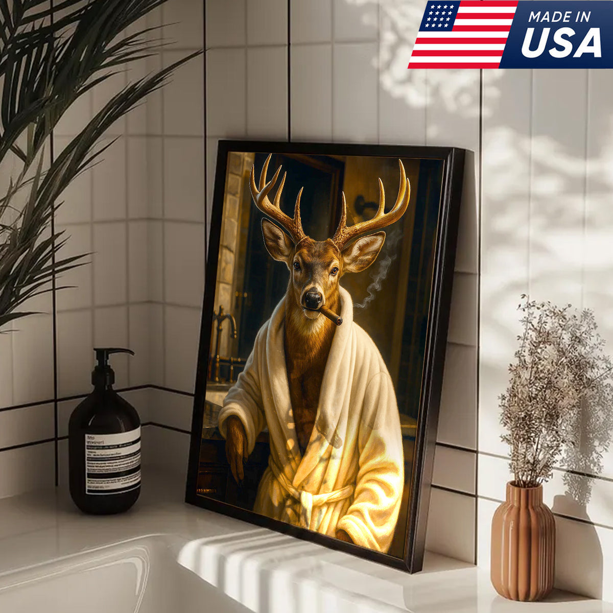 Deer Canvas Wall Art – Stylish Buck in Bathrobe Smoking Cigar Rustic Bathroom Decor for Hunters