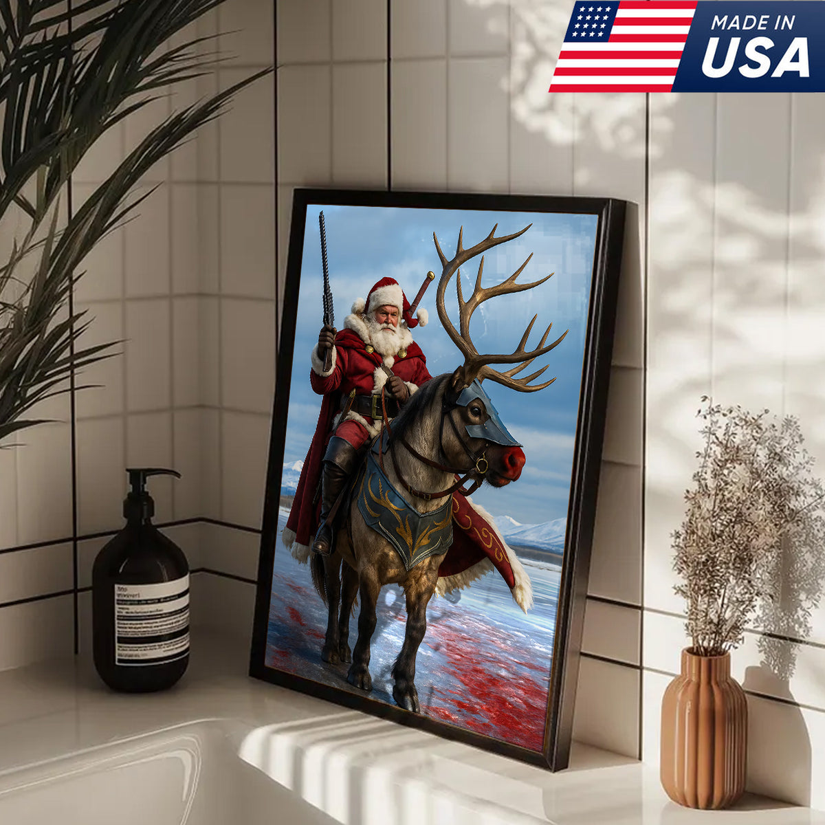 Epic Santa Riding Reindeer Canvas Wall Art, Fantasy Warrior Santa on Armored Reindeer