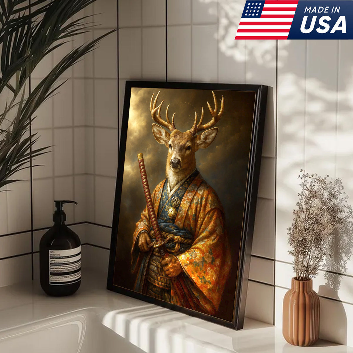 Deer Canvas Wall Art – Majestic Samurai Buck with Katana Warrior Rustic Lodge Decor