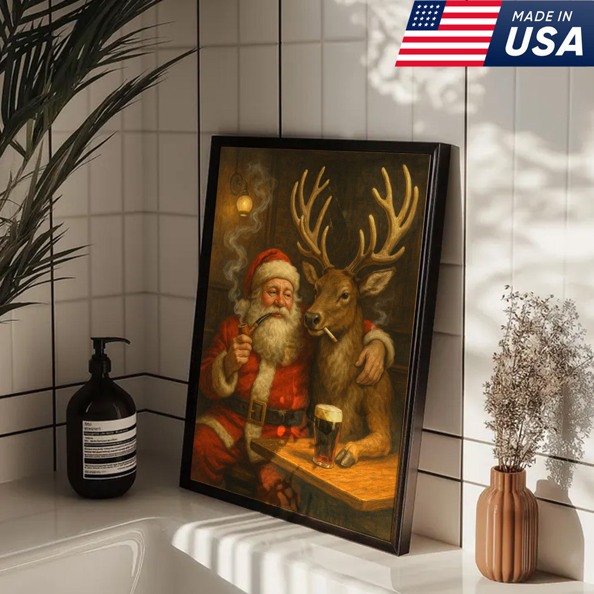 Funny Santa and Reindeer Wall Art Canvas – Rustic Christmas Lodge Decor