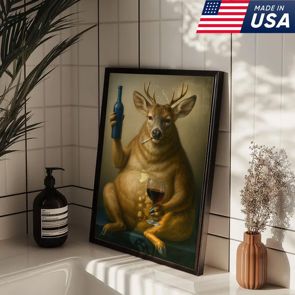 Funny Deer Wall Art Canvas – Fat Buck with Wine Glass Rustic Lodge Decor