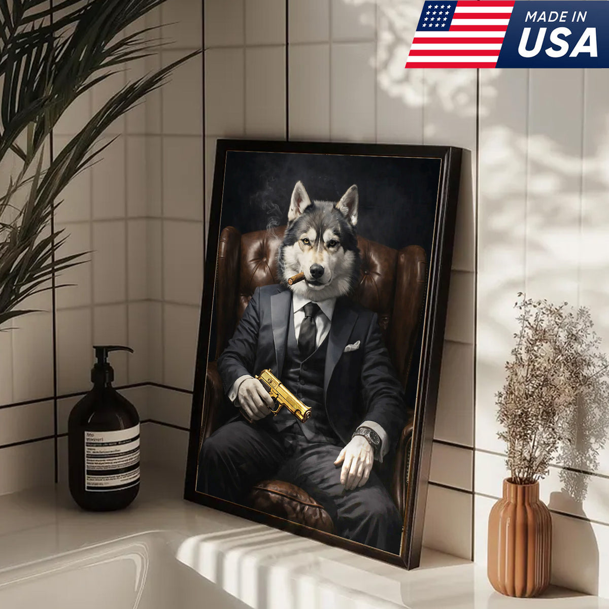 Boss Wolf Canvas Wall Art, Powerful Alpha Wolf in Suit Portrait, Luxury Animal Artwork