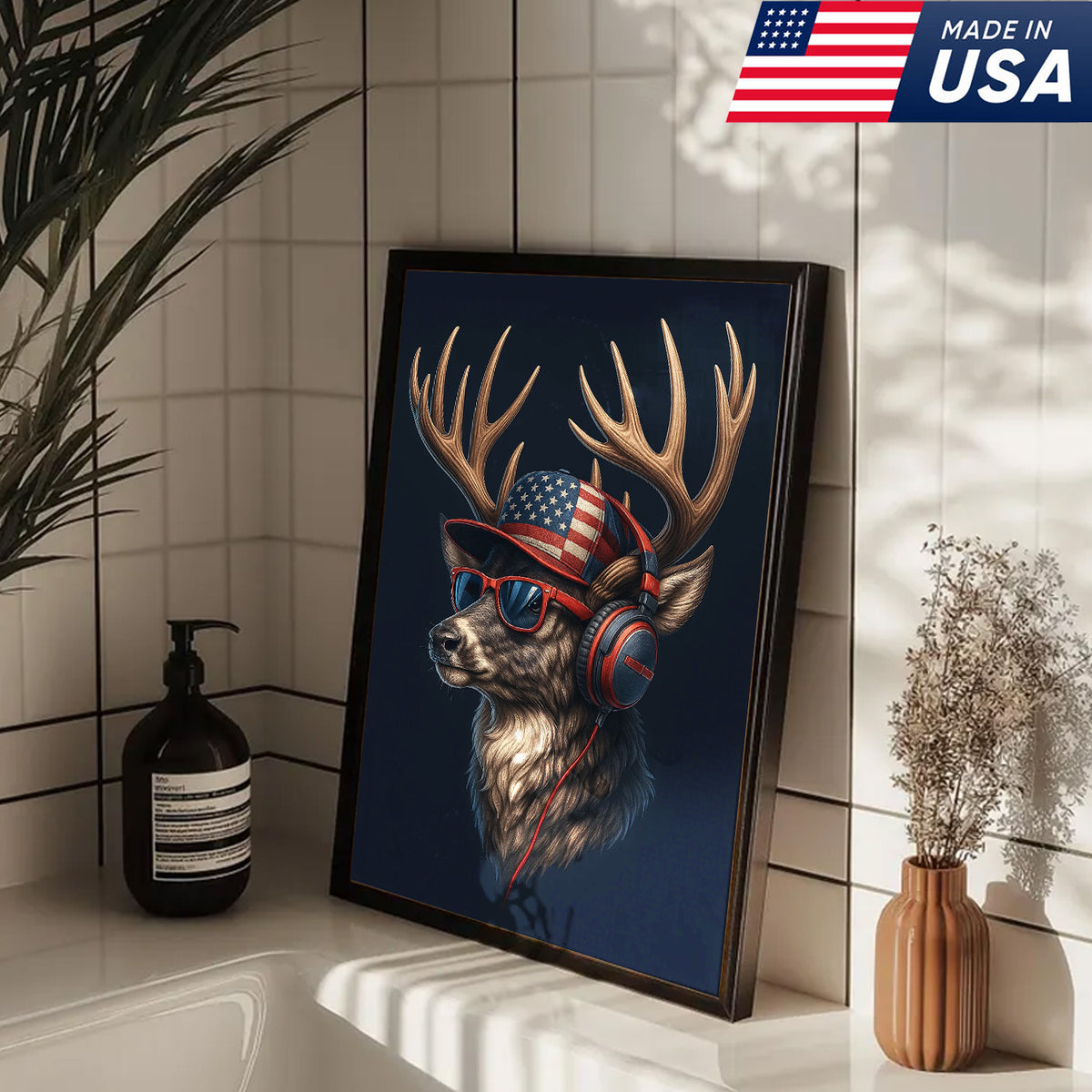 Patriotic Deer Wall Art Canvas – Cool Buck with American Flag Hat and Headphones