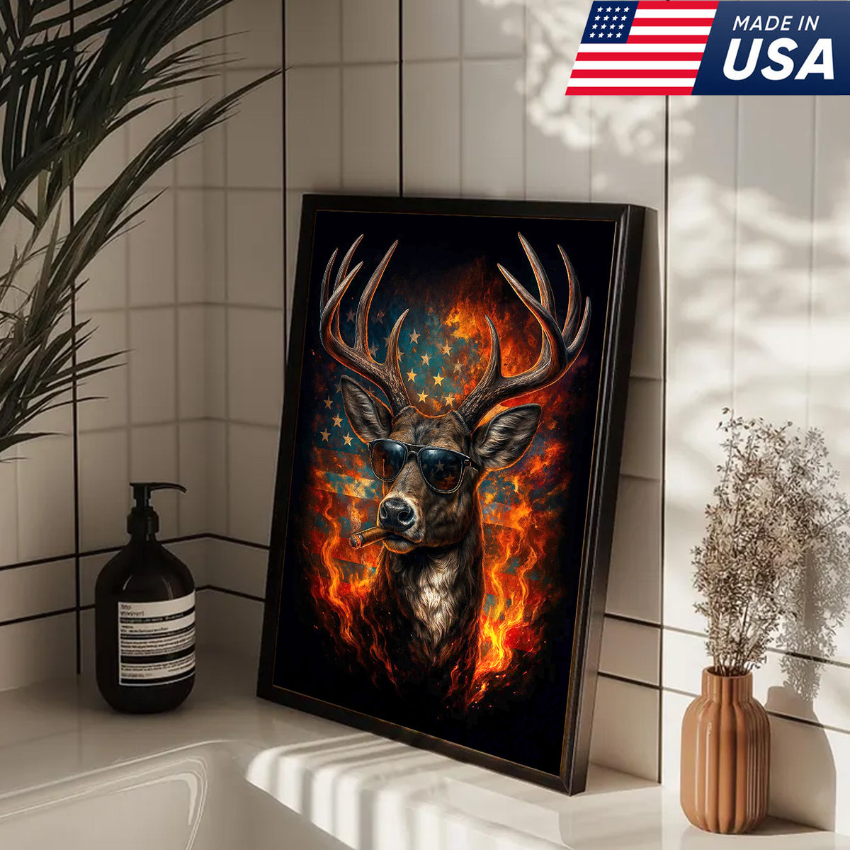 Patriotic Deer Wall Art Canvas – Cool Buck with Sunglasses and American Flag