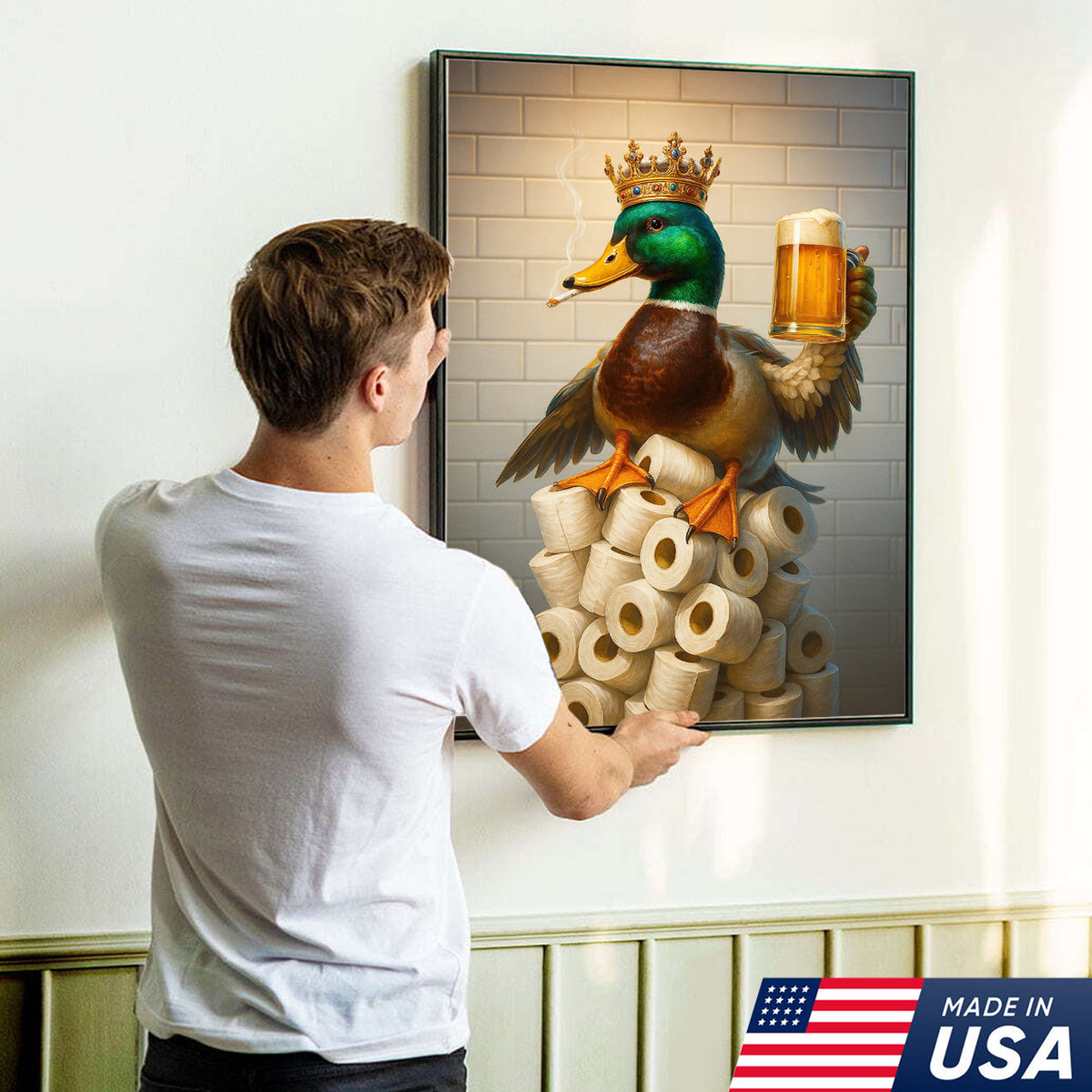 Royal Duck Canvas Wall Art - Funny Bathroom Decor with Crown and Beer - Rustic Wildlife Lodge Print