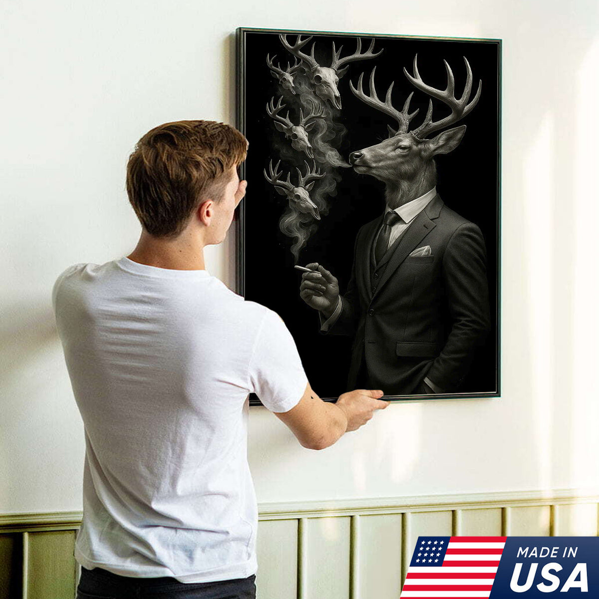 Gentleman Deer Canvas Wall Art, Elegant Buck in Suit Artwork, Rustic Cabin Decor for Hunters