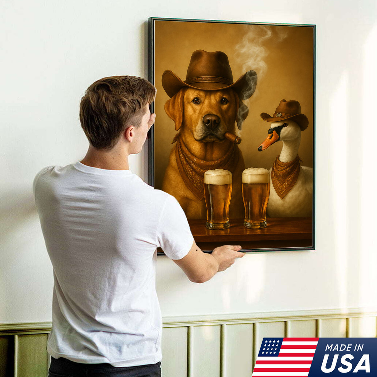 Funny Cowboy Dog & Geese Wall Art Canvas – Funny Beer & Smoking Canvas for Hunters