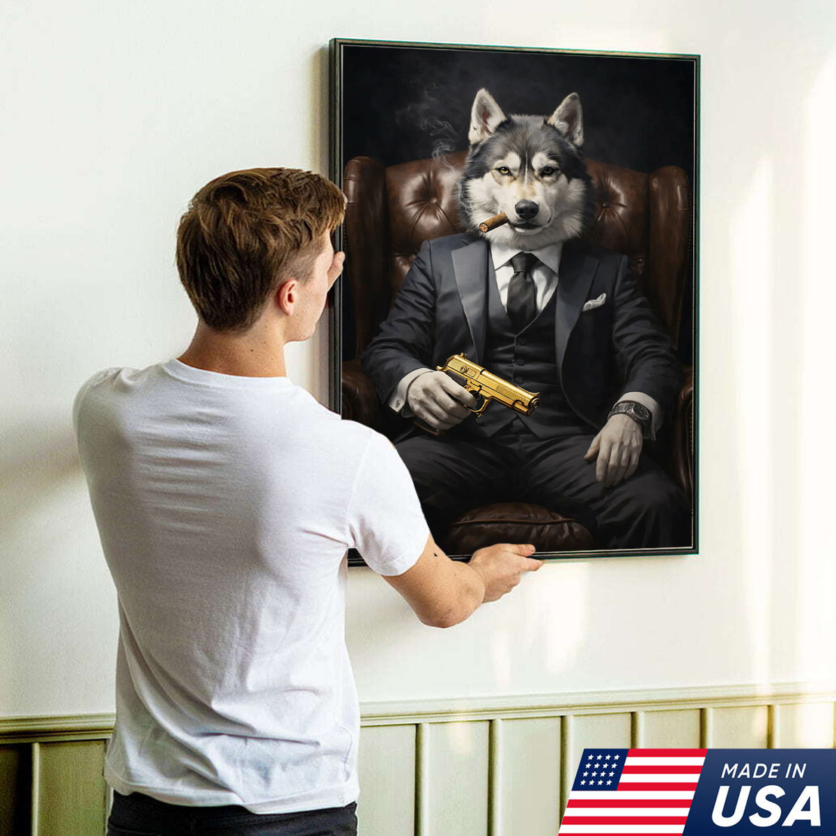 Boss Wolf Canvas Wall Art, Powerful Alpha Wolf in Suit Portrait, Luxury Animal Artwork