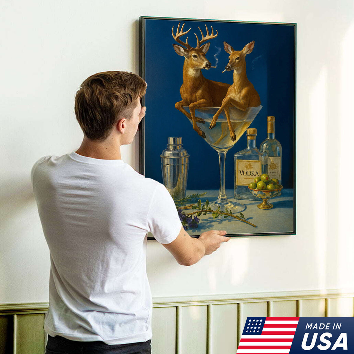 Funny Deer Couple Wall Art Canvas – Whimsical Buck and Doe in Martini Glass