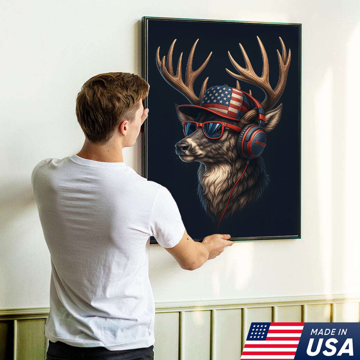 Patriotic Deer Wall Art Canvas – Cool Buck with American Flag Hat and Headphones