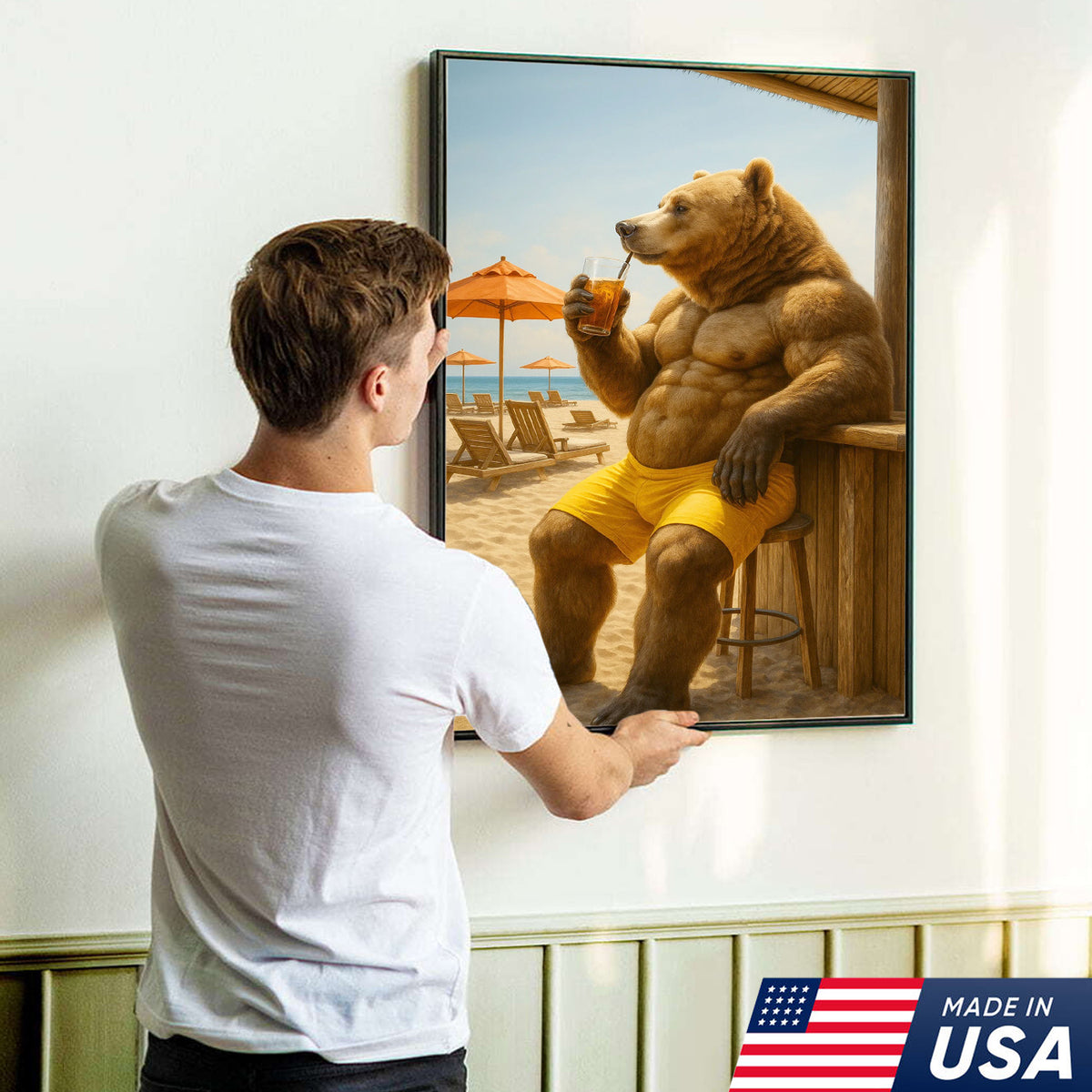 Funny Beach Bear Canvas Wall Art, Summer Vacation Animal Artwork