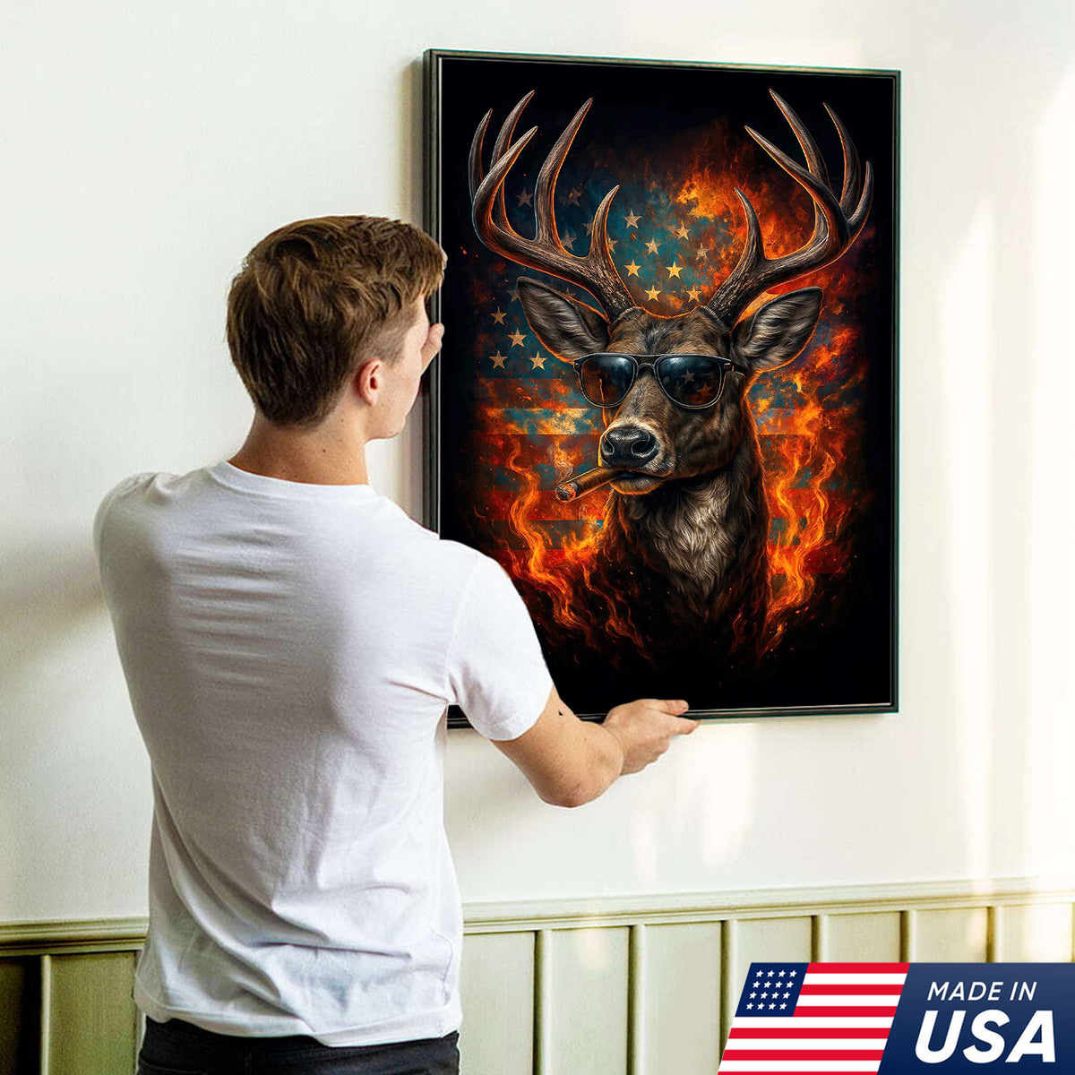 Patriotic Deer Wall Art Canvas – Cool Buck with Sunglasses and American Flag
