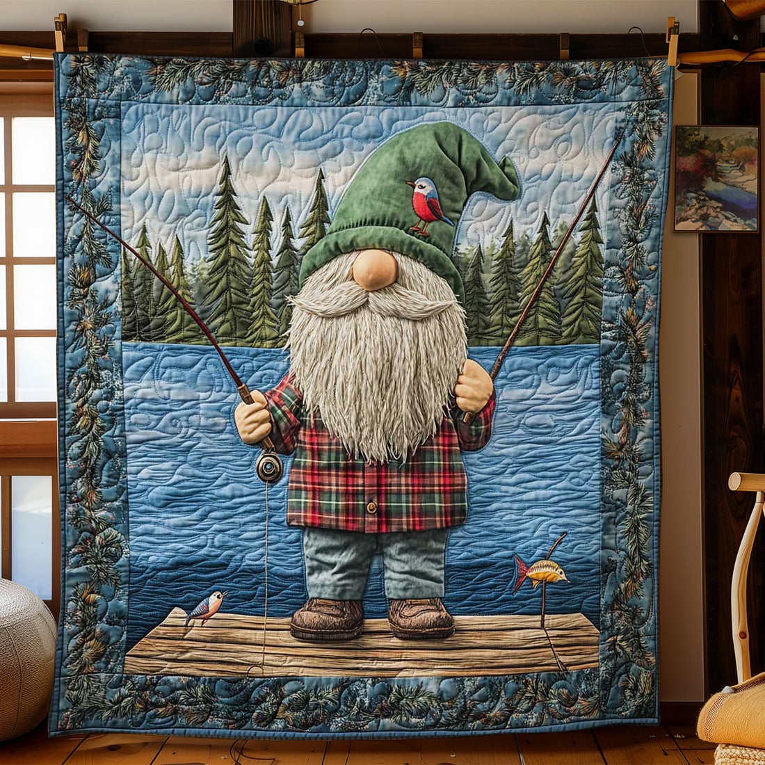 Gnome Gone Fishing Quilt Blanket