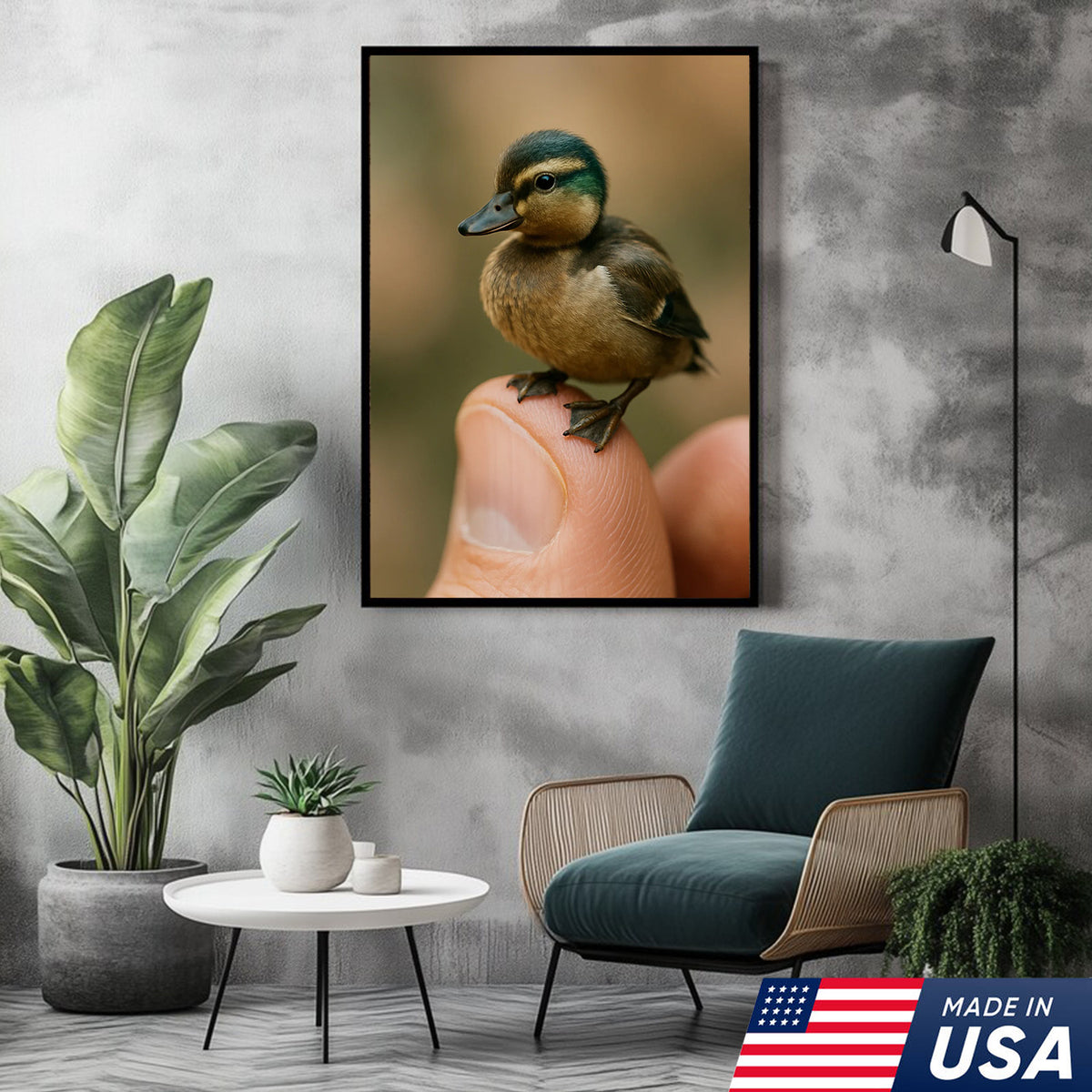 Cute Baby Duck Canvas Wall Art - Adorable Duckling Perched on Finger