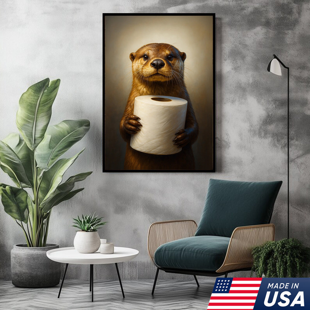 Funny Otter Canvas Wall Art - Cute Bathroom Decor with Toilet Paper - Rustic Wildlife Print