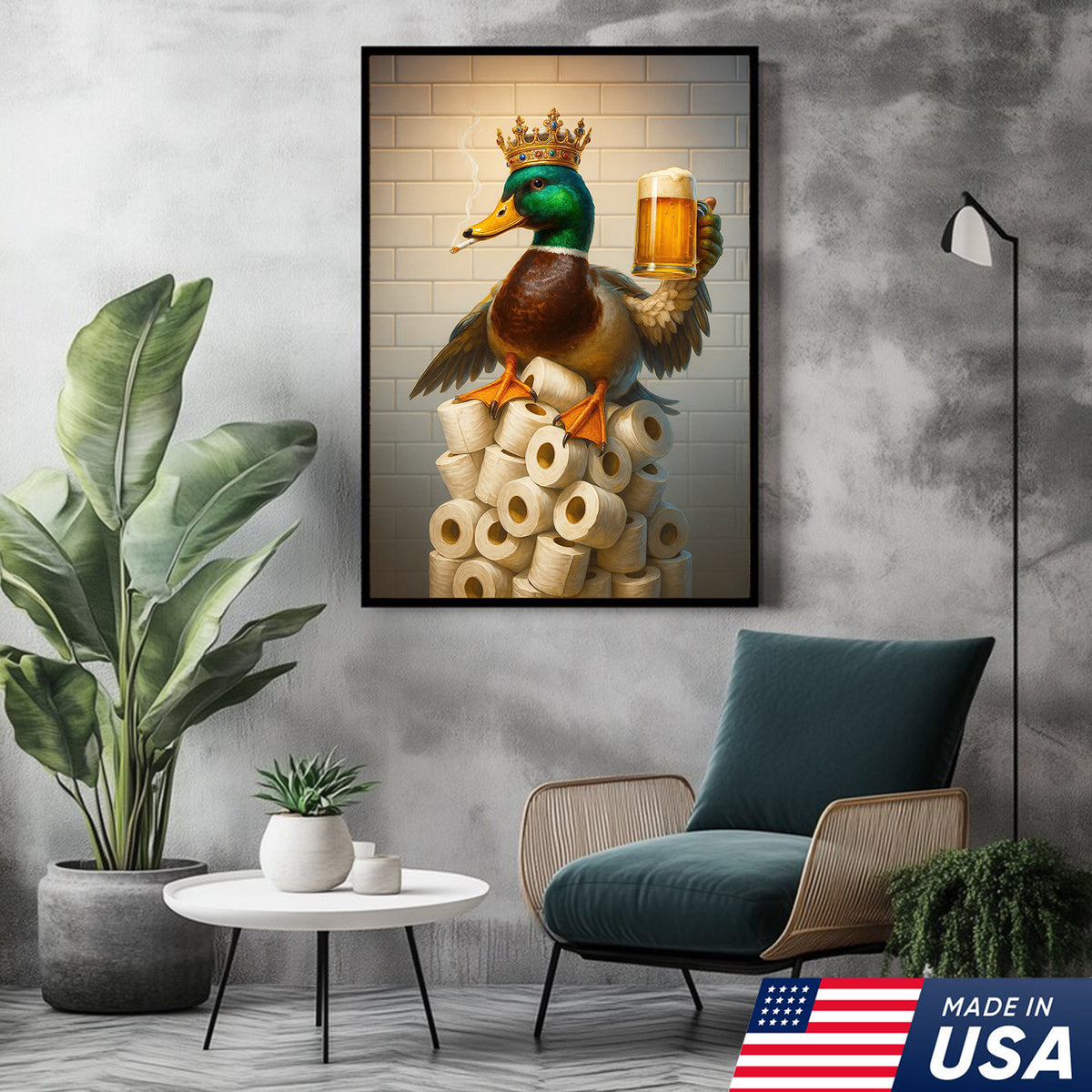 Royal Duck Canvas Wall Art - Funny Bathroom Decor with Crown and Beer - Rustic Wildlife Lodge Print