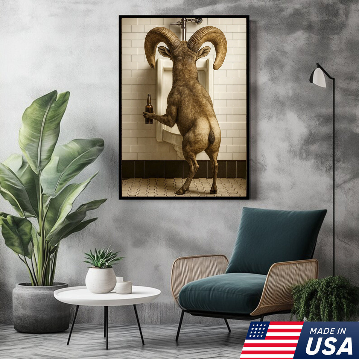 Humorous Big Horn Sheep Canvas Wall Art - Rustic Lodge Bathroom Decor for Cabin and Farmhouse
