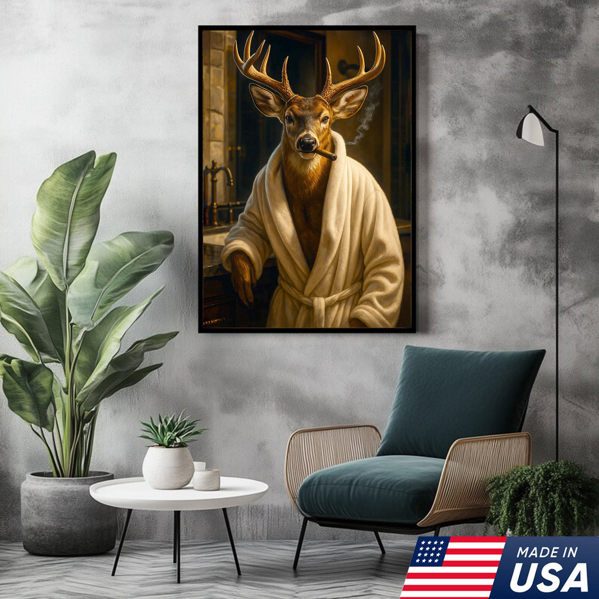 Deer Canvas Wall Art – Stylish Buck in Bathrobe Smoking Cigar Rustic Bathroom Decor for Hunters
