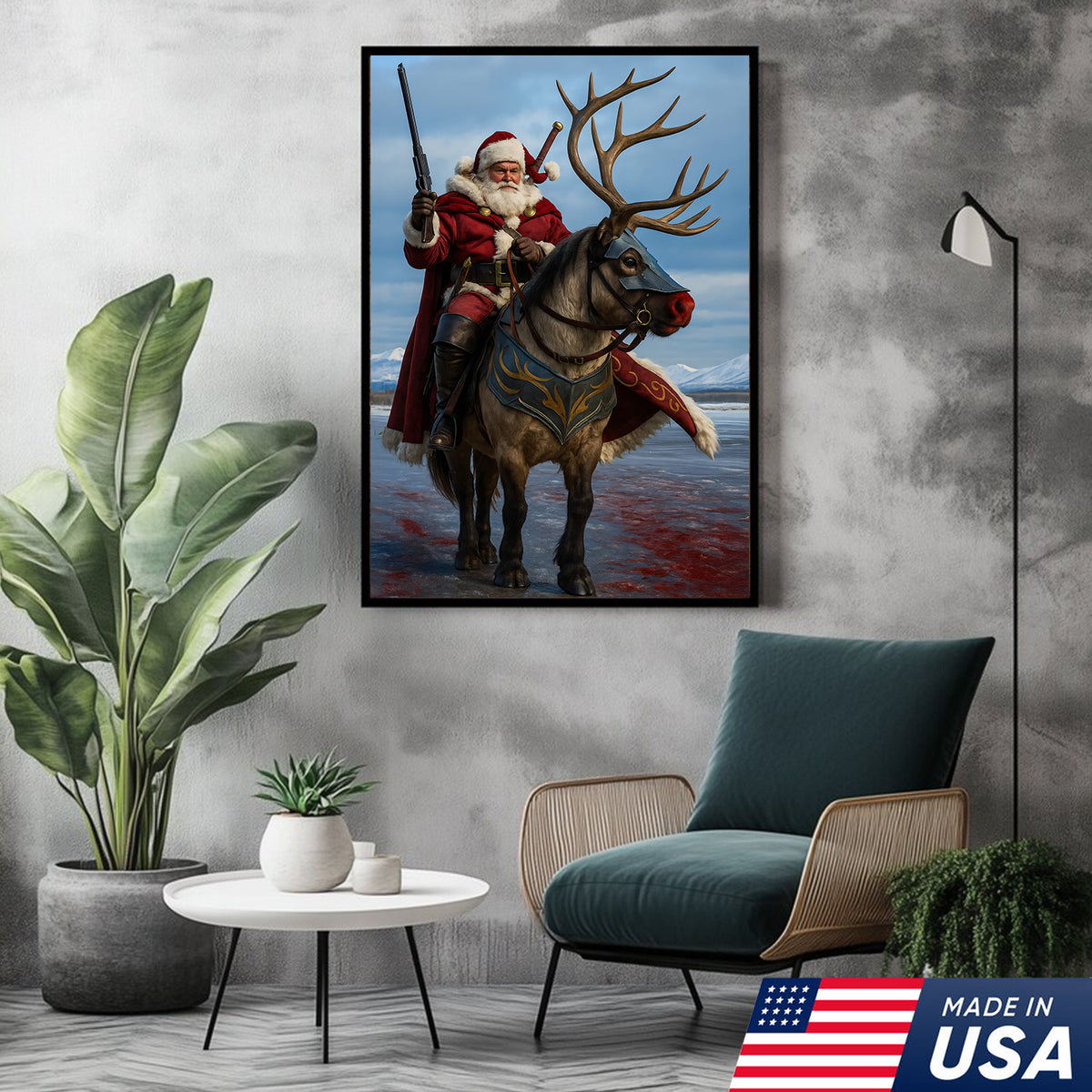 Epic Santa Riding Reindeer Canvas Wall Art, Fantasy Warrior Santa on Armored Reindeer