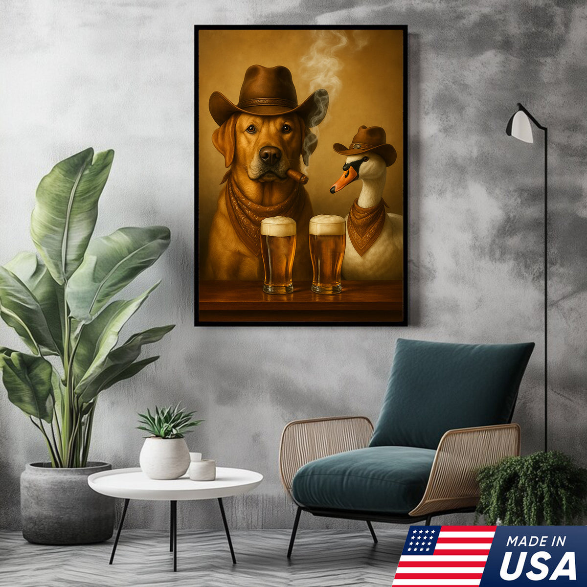 Funny Cowboy Dog & Geese Wall Art Canvas – Funny Beer & Smoking Canvas for Hunters