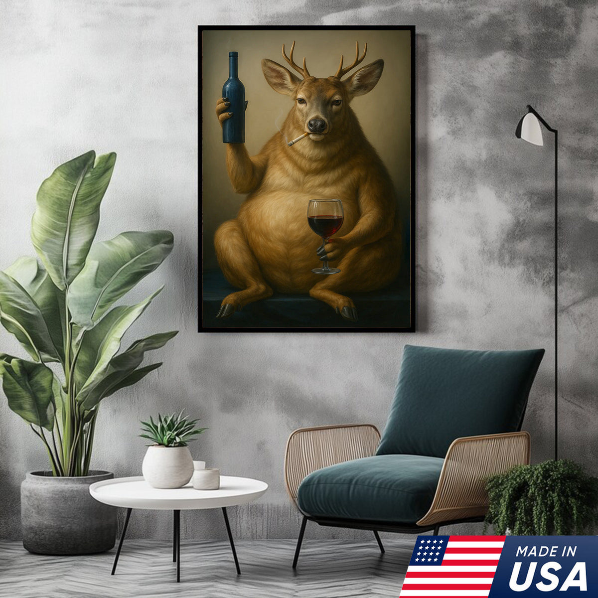 Funny Deer Wall Art Canvas – Fat Buck with Wine Glass Rustic Lodge Decor