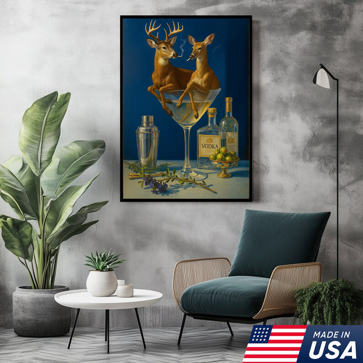 Funny Deer Couple Wall Art Canvas – Whimsical Buck and Doe in Martini Glass