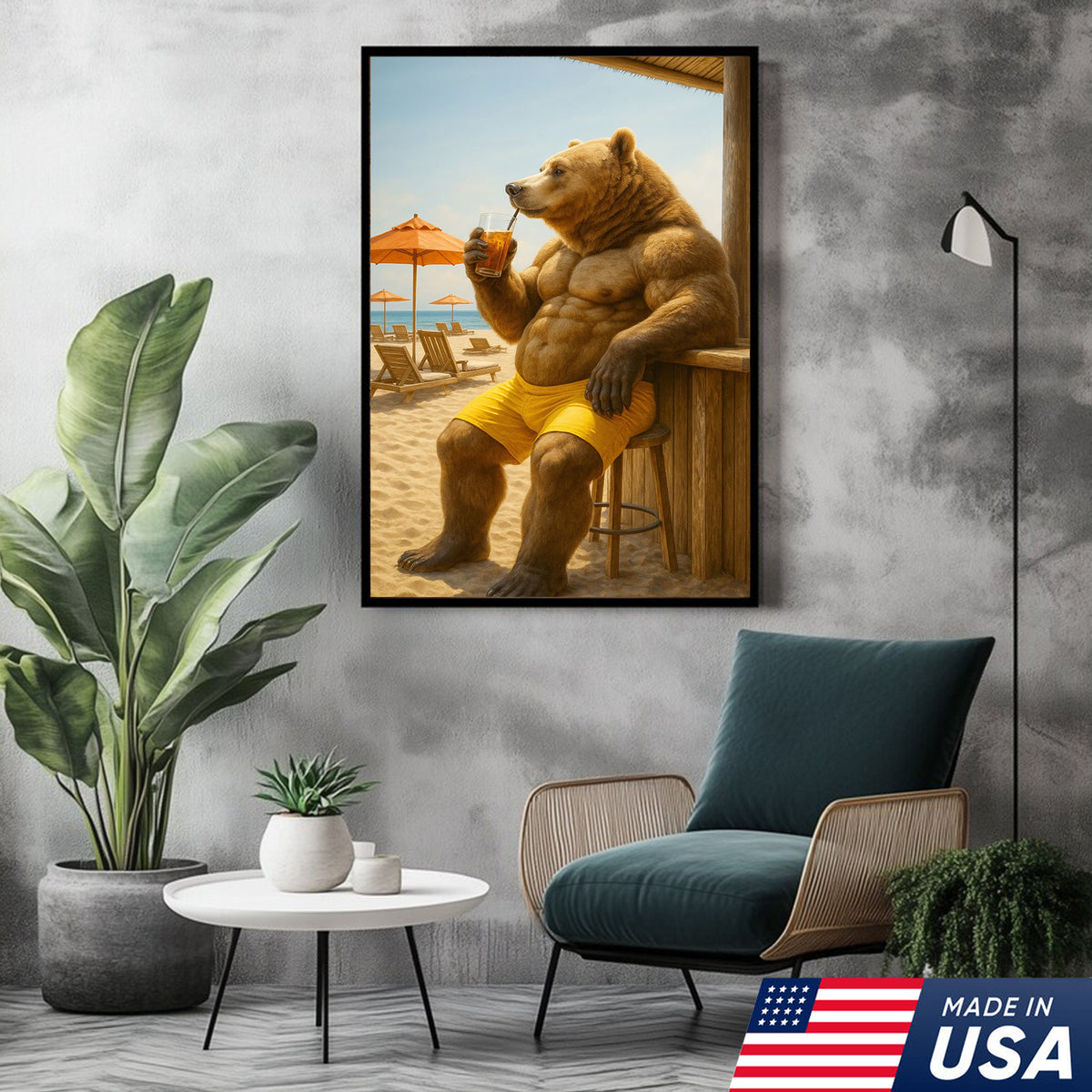 Funny Beach Bear Canvas Wall Art, Summer Vacation Animal Artwork