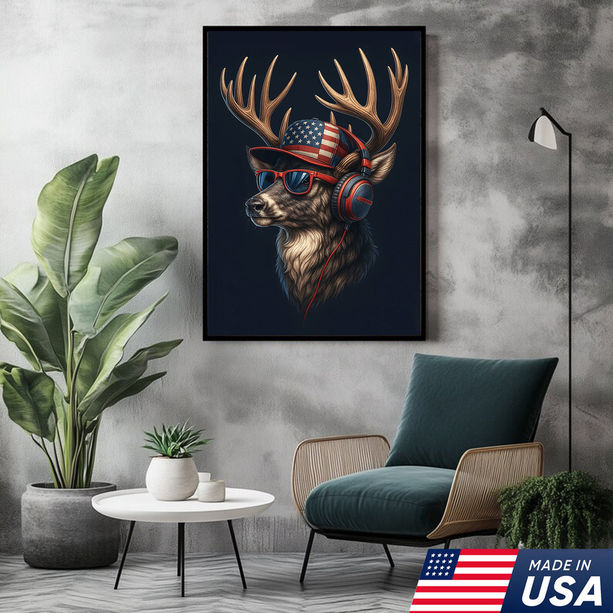 Patriotic Deer Wall Art Canvas – Cool Buck with American Flag Hat and Headphones