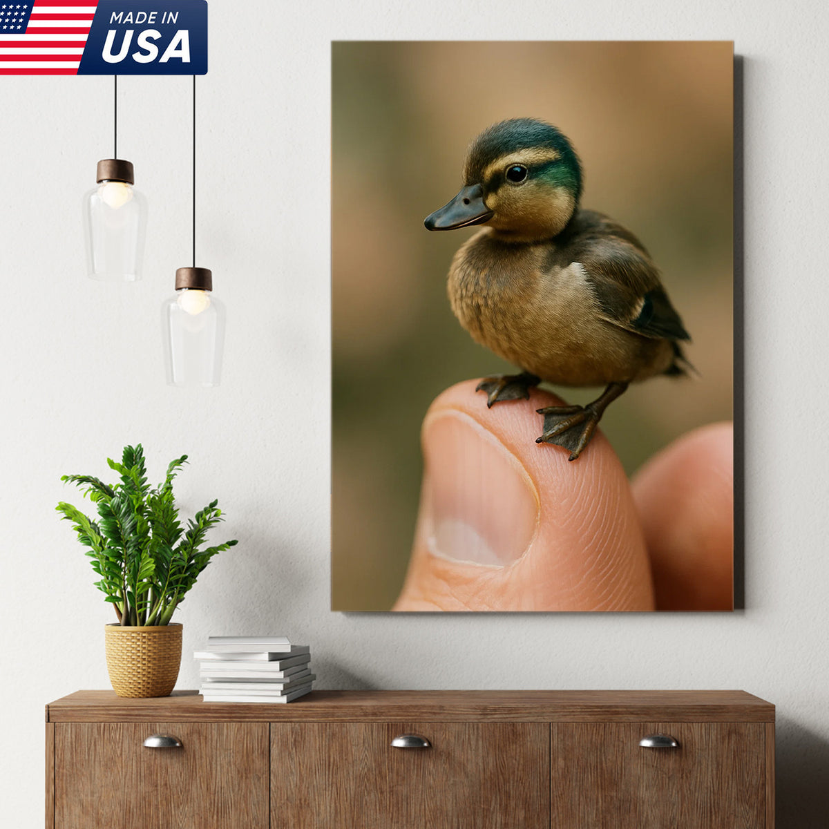 Cute Baby Duck Canvas Wall Art - Adorable Duckling Perched on Finger