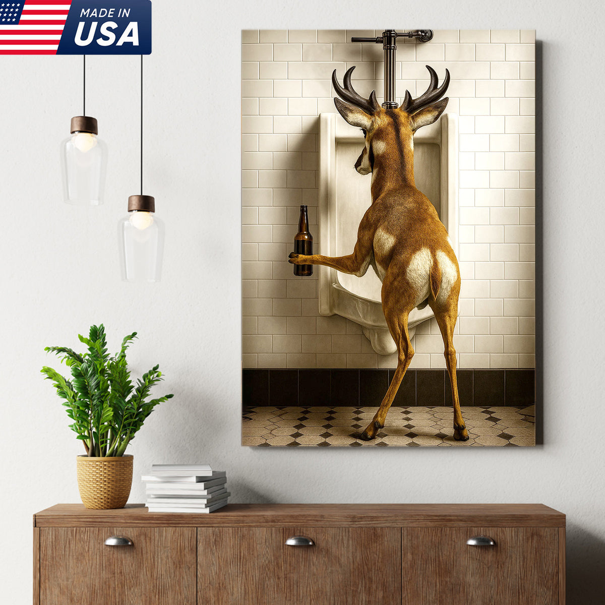 Funny Pronghorn Canvas Wall Art - Rustic Bathroom Lodge Decor for Hunters - Unique Wildlife Cabin Print