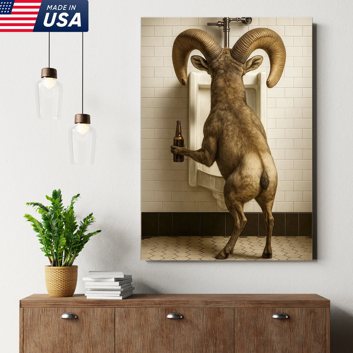 Humorous Big Horn Sheep Canvas Wall Art - Rustic Lodge Bathroom Decor for Cabin and Farmhouse