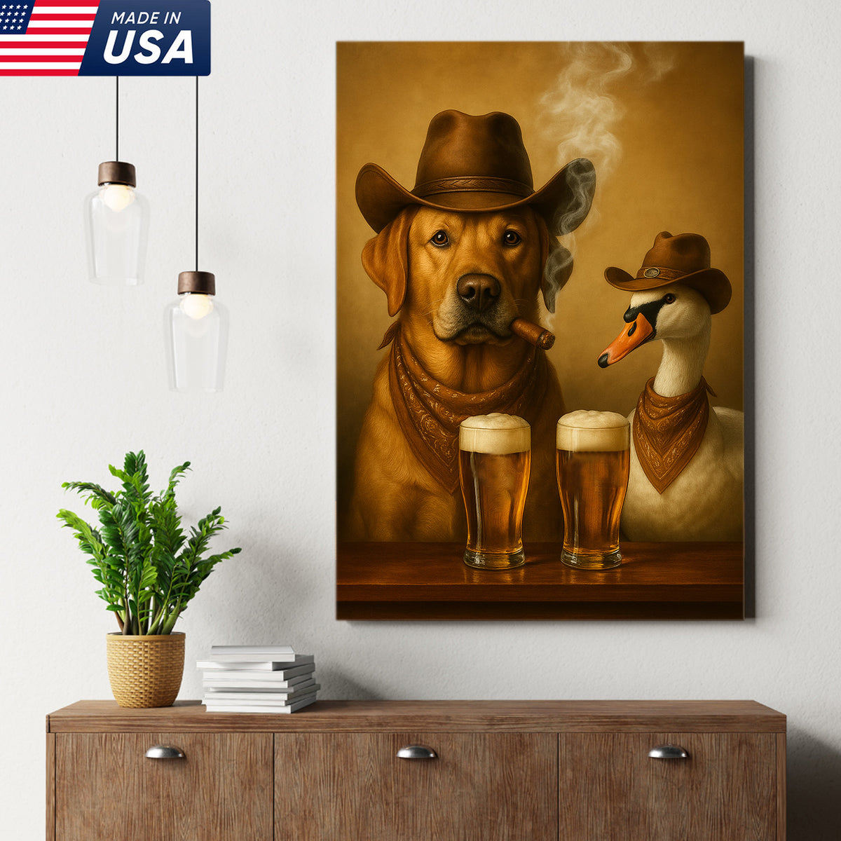 Funny Cowboy Dog & Geese Wall Art Canvas – Funny Beer & Smoking Canvas for Hunters