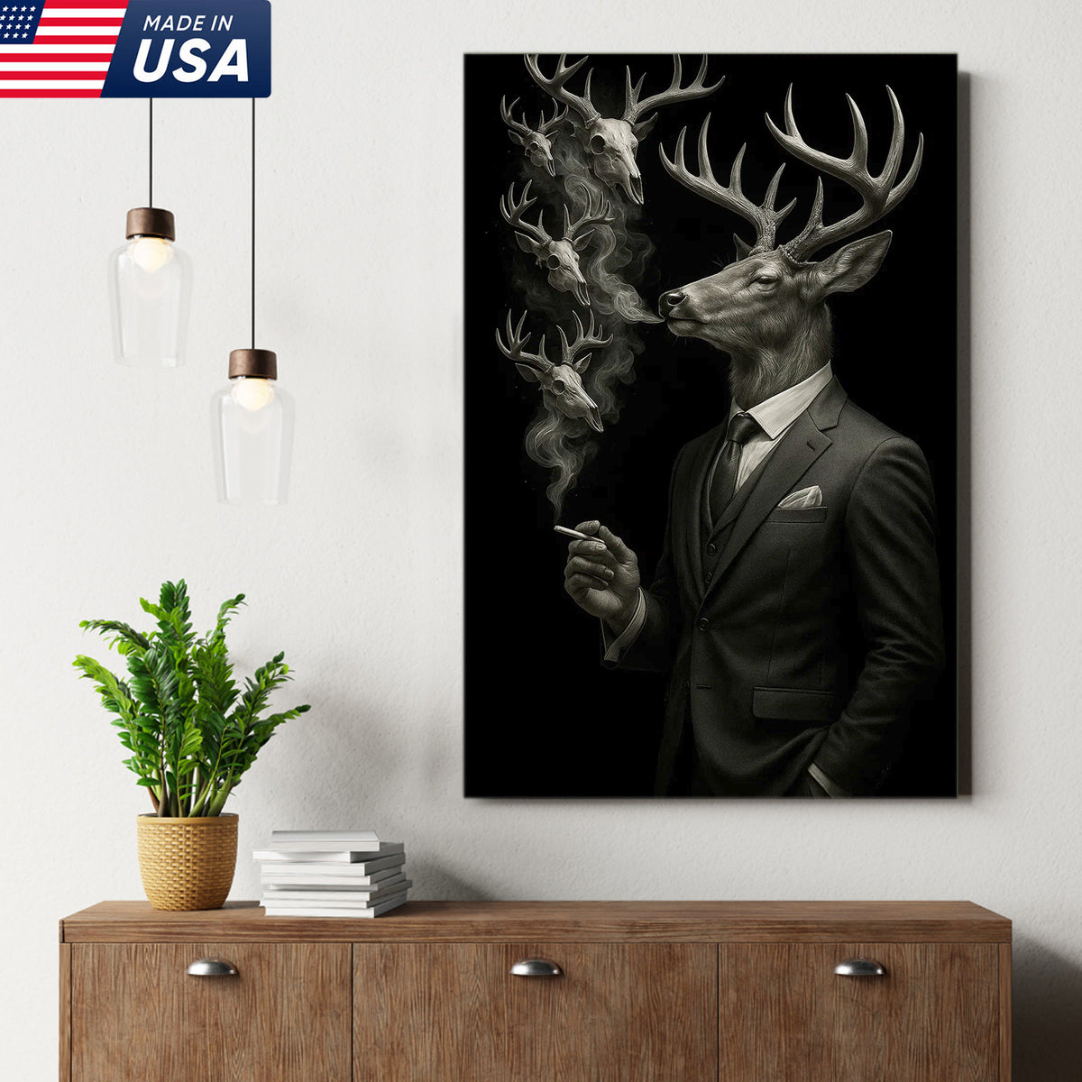 Gentleman Deer Canvas Wall Art, Elegant Buck in Suit Artwork, Rustic Cabin Decor for Hunters