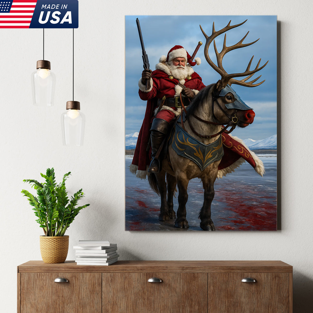 Epic Santa Riding Reindeer Canvas Wall Art, Fantasy Warrior Santa on Armored Reindeer