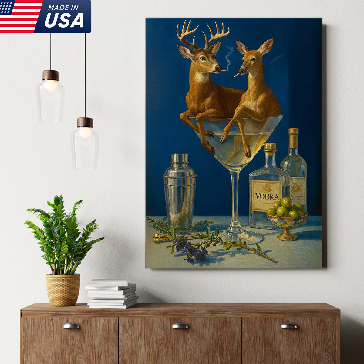 Funny Deer Couple Wall Art Canvas – Whimsical Buck and Doe in Martini Glass