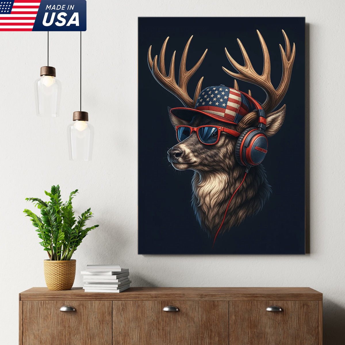Patriotic Deer Wall Art Canvas – Cool Buck with American Flag Hat and Headphones