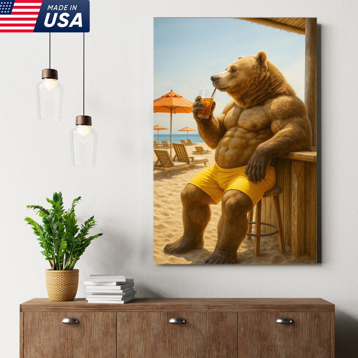 Funny Beach Bear Canvas Wall Art, Summer Vacation Animal Artwork