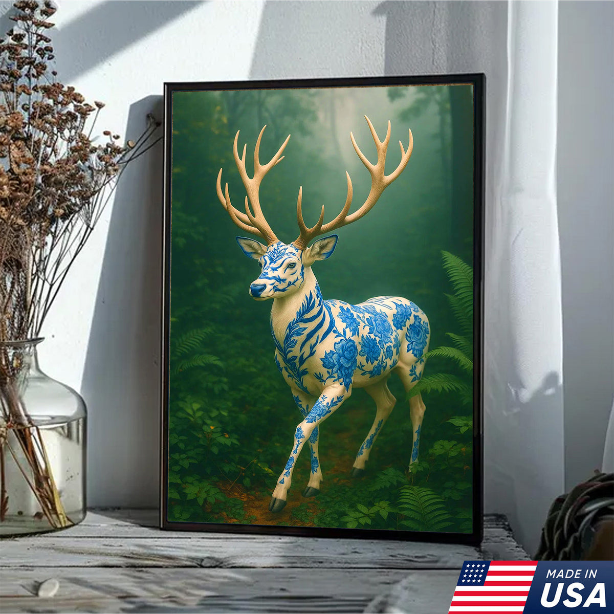 Blue Porcelain Deer Canvas, Elegant Woodland Art Print for Nature Lovers